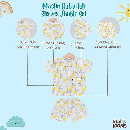 Half Sleeves Jhabla Set - Organic Cotton Muslin - Sunny Bunny