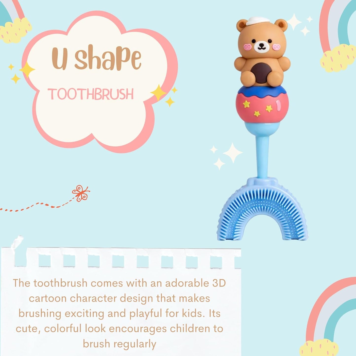 U-Shaped Toothbrush - Brown Teddy With Blue Handle