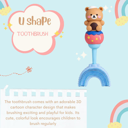 U-Shaped Toothbrush - Brown Teddy With Blue Handle