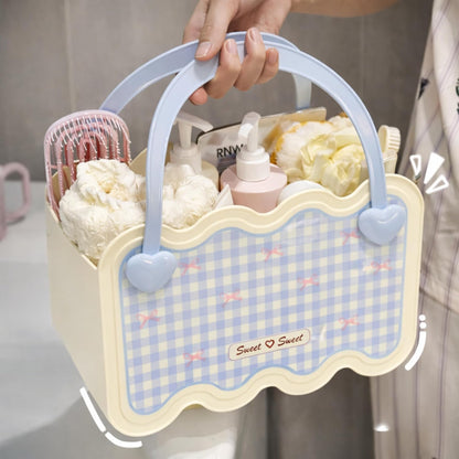 Multi-Purpose Bathroom & Vanity Storage Basket with Portable Handle - Blue Checks