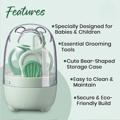 4-in-1 Bear Baby Grooming Kit with Scissors, Nail Filer, Tweezer & Clipper - Green