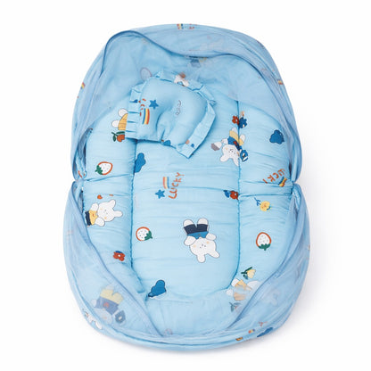 Baby Bedding Set With Mosquito Net & Head Support Pillow - Blueberry Rabbit