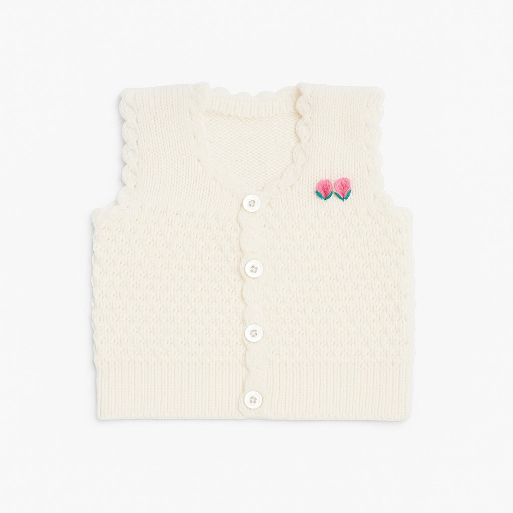 Woolen Vest V Neck - White Foam