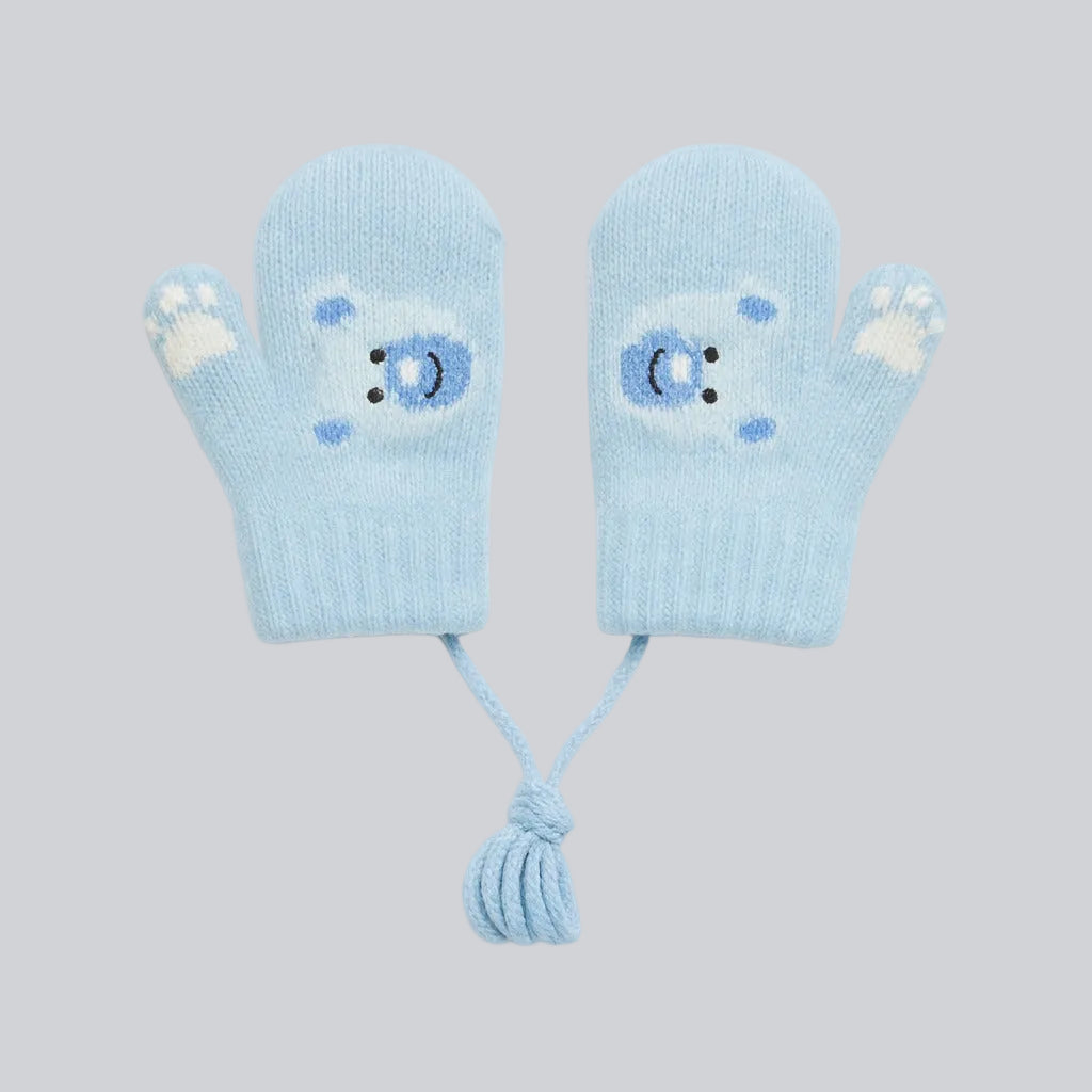 Baby Winter Knitted Gloves With Strings - Blue Teddy