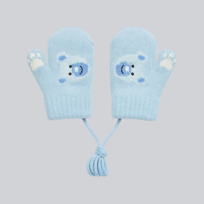 Baby Winter Knitted Gloves With Strings - Blue Teddy