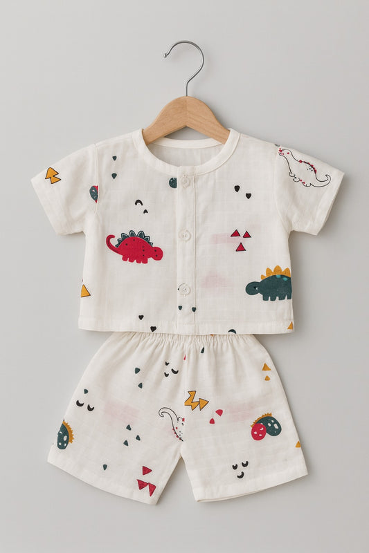 Half Sleeves Jhabla Set - Organic Cotton Muslin - Dinoland