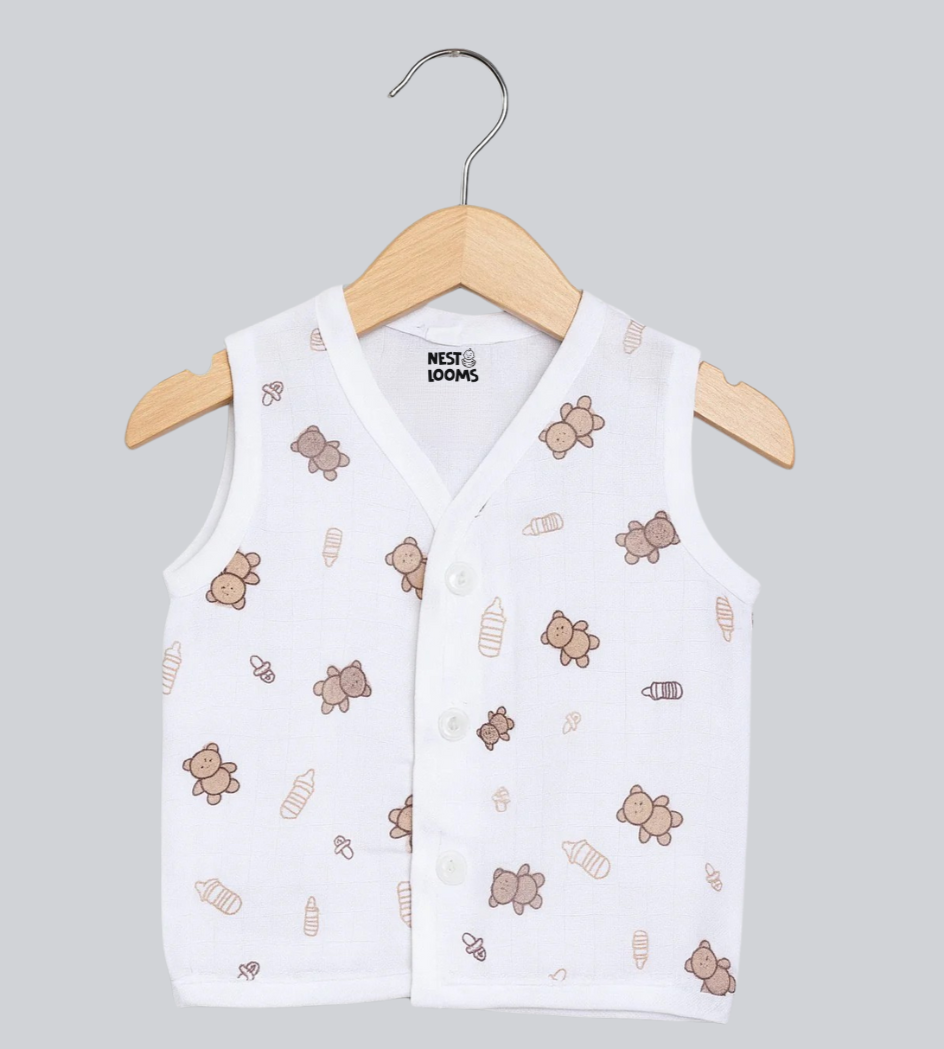 Sleeveless Jhabla With Button- Muslin - Bear Snuggle