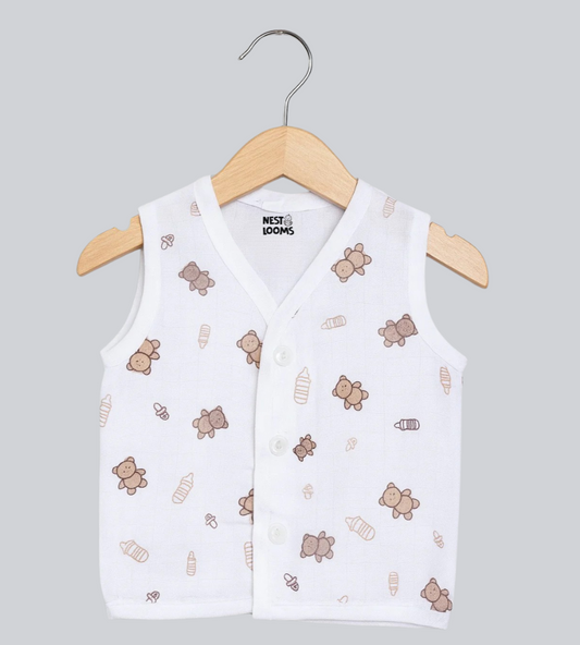 Sleeveless Jhabla With Button- Muslin - Bear Snuggle
