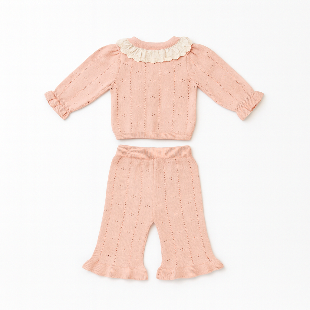 Knitted Ruffle Top & Pant Co-ord Set - Blush Pink