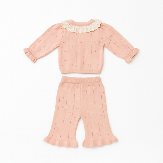 Knitted Ruffle Top & Pant Co-ord Set - Blush Pink