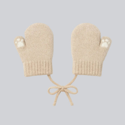 Baby Winter Knitted Gloves With Strings - Beige Teddy