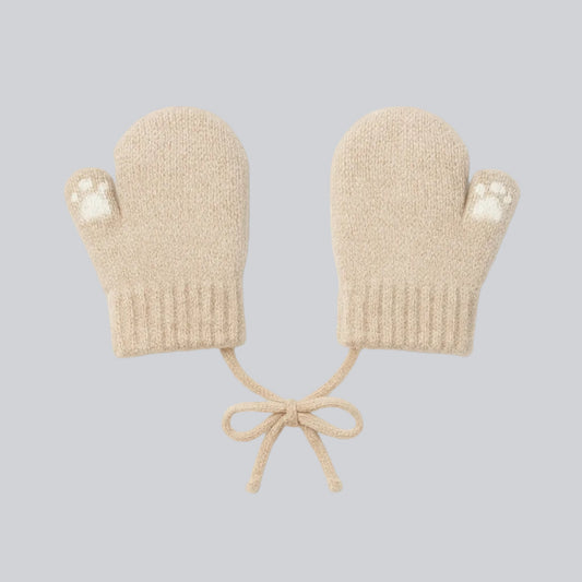 Baby Winter Knitted Gloves With Strings - Beige Teddy