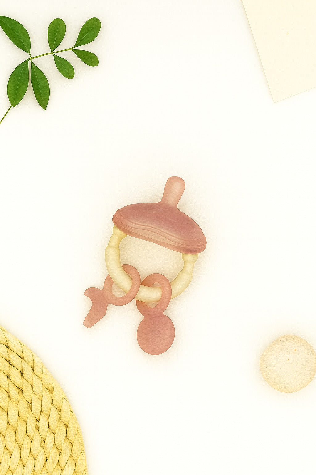 Premium Pacifier Silicone Teether with toy rings (Pink-white)