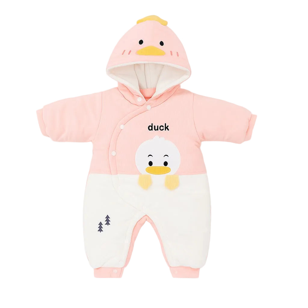 Hooded Woolen Romper With Snap Buttons - Pink Ducky