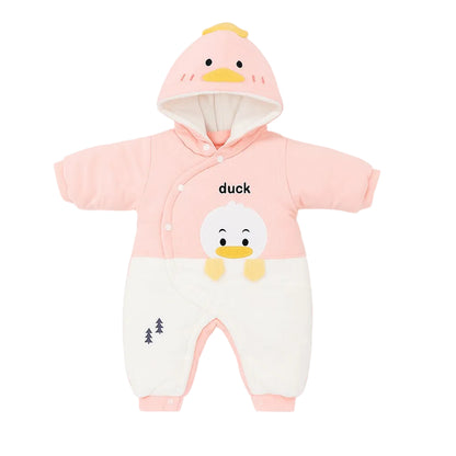 Hooded Woolen Romper With Snap Buttons - Pink Ducky