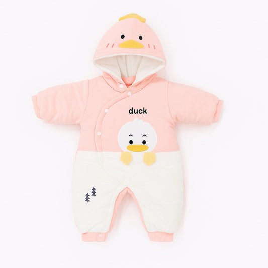 Hooded Woollen Romper With Snap Buttons - Pink Ducky