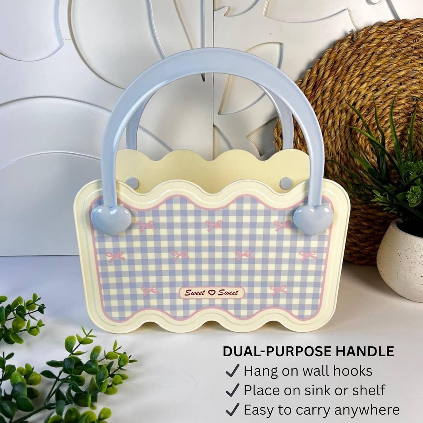 Multi-Purpose Bathroom & Vanity Storage Basket with Portable Handle - Blue Checks