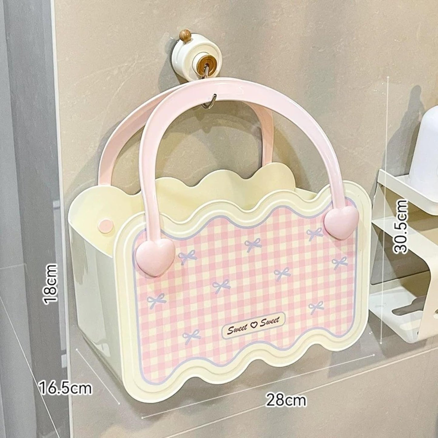Multi-Purpose Bathroom & Vanity Storage Basket with Portable Handle - Pink Checks