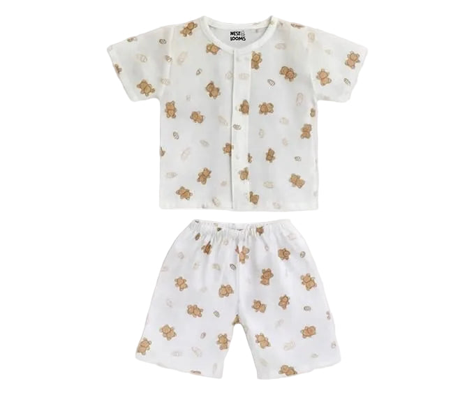 Half Sleeves Jhabla Set - Organic Cotton Muslin - Bear Snuggle