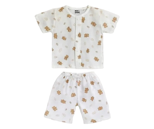 Half Sleeves Jhabla Set - Organic Cotton Muslin - Bear Snuggle