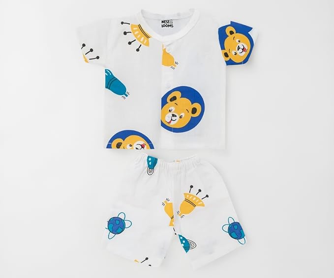 Half Sleeves Jhabla Set - Organic Cotton Muslin- Space bear