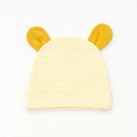 Beanie With Teddy Ears - Yellow Stripes