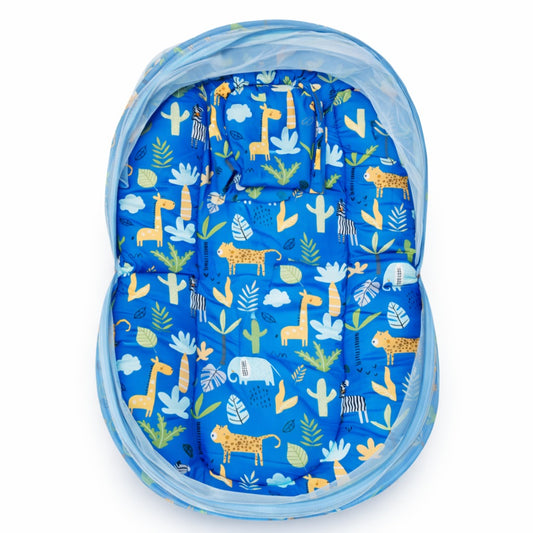 Baby Bedding Set With Mosquito Net & Head Support Pillow - Blue Jungle