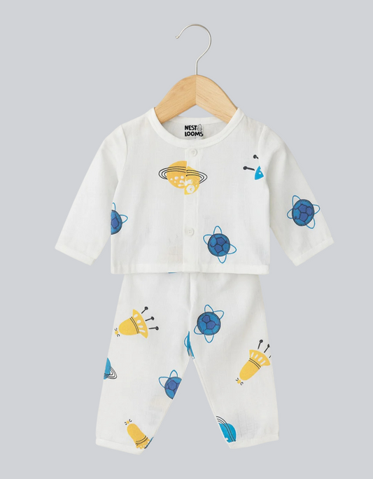 Muslin Full Sleeves Jhabla Set - Organic Cotton Muslin - Space Bear