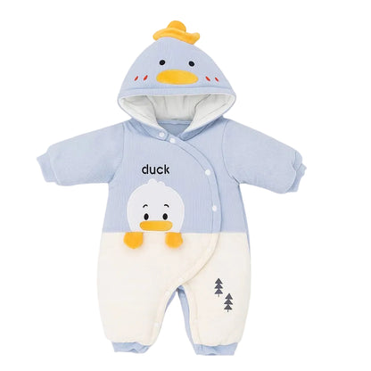 Hooded Woolen Romper With Snap Buttons - Blue Ducky