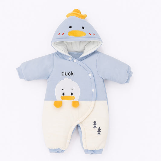 Hooded Woollen Romper With Snap Buttons - Blue Ducky