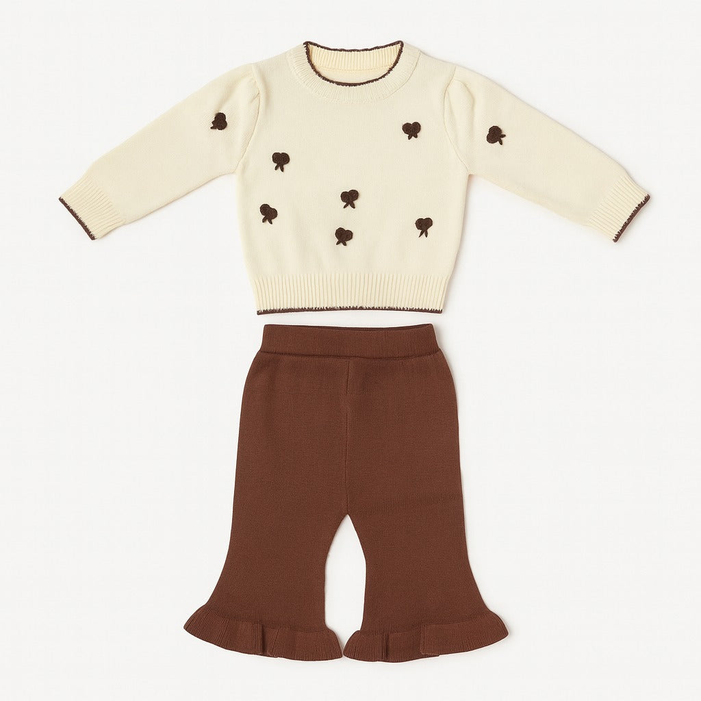 Knitted Top & Pant Co-ord Set - Toffee Mini Bow