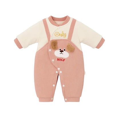 Baby Winter Romper With Snap Buttons- Pink Furry Puppy