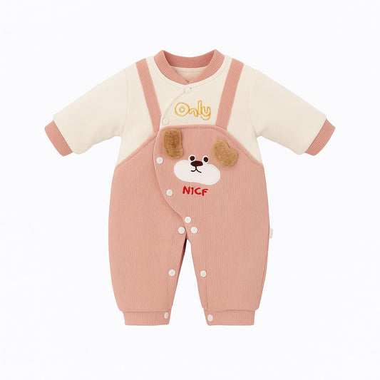 Baby Winter Romper With Snap Buttons- Pink Furry Puppy