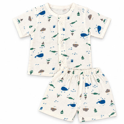 Half Sleeves Jhabla Set - Organic Cotton Muslin -  Whale Wiggles