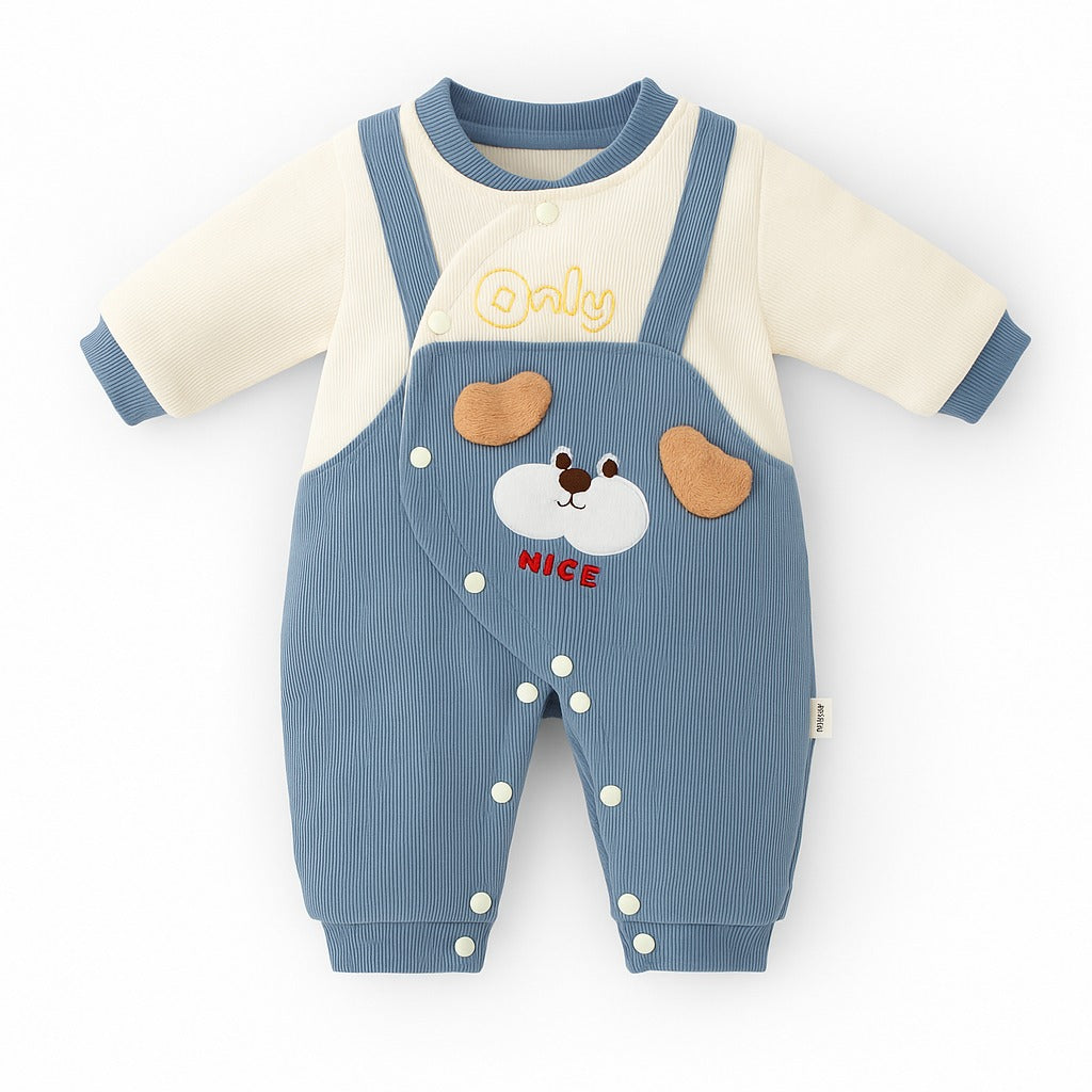 Baby Winter Romper With Snap Buttons - Blue Furry Puppy
