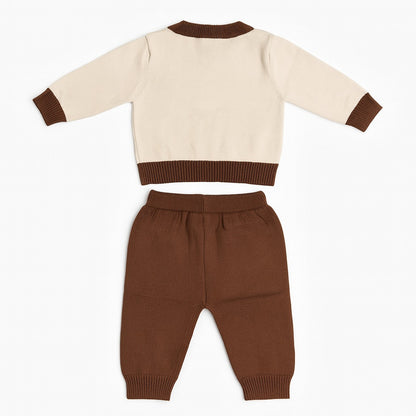 Knitted Sweater Pant Co-ord Set with Button - Beige Cookie