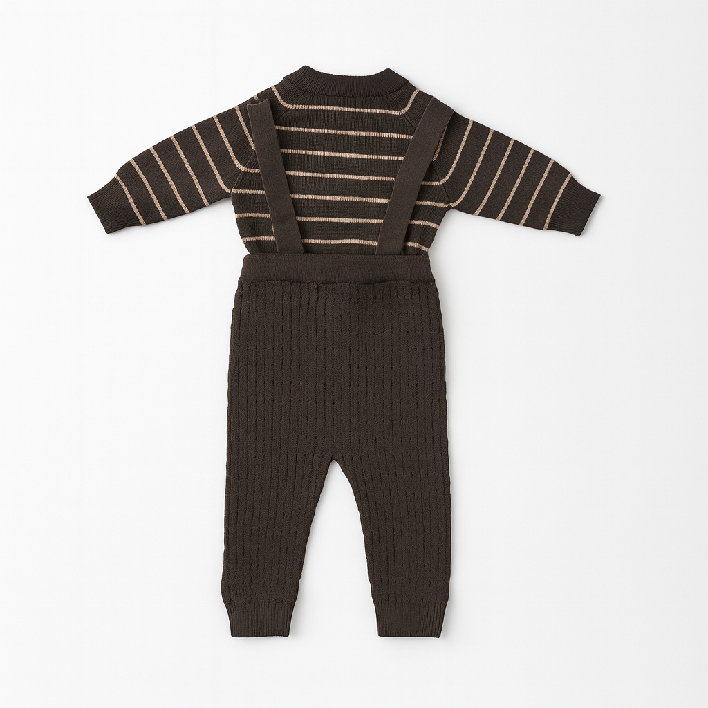 Knitted Dungaree Set With Suspenders - Espresso Stripes