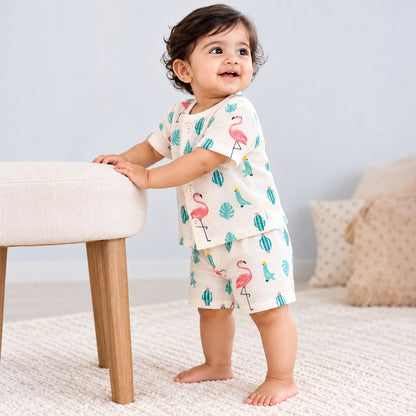 Half Sleeves Jhabla Set - Organic Cotton Muslin -  Flamingo Fiesta