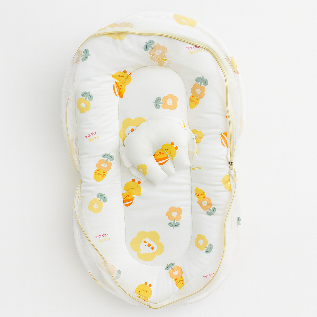 Baby Bedding Set With Mosquito Net & Head Support Pillow - Smiley Sprout