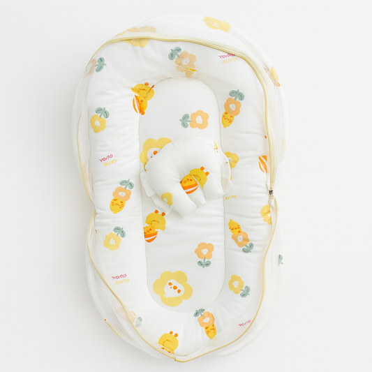 Baby Bedding Set With Mosquito Net & Head Support Pillow - Smiley Sprout