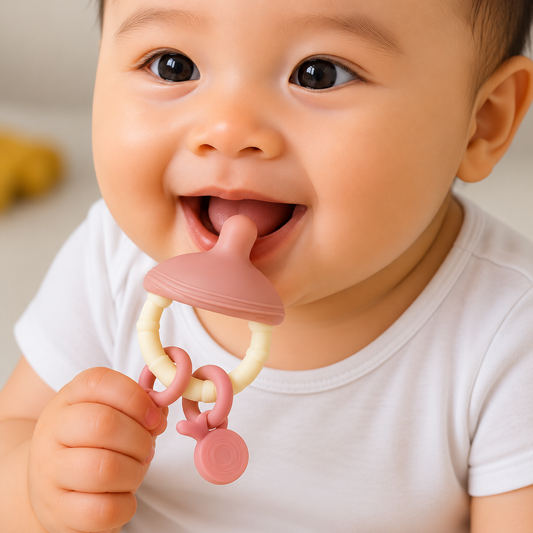 Premium Pacifier Silicone Teether with toy rings (Pink-white)