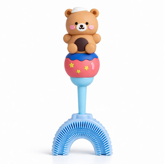 U-Shaped Toothbrush - Brown Teddy With Blue Handle