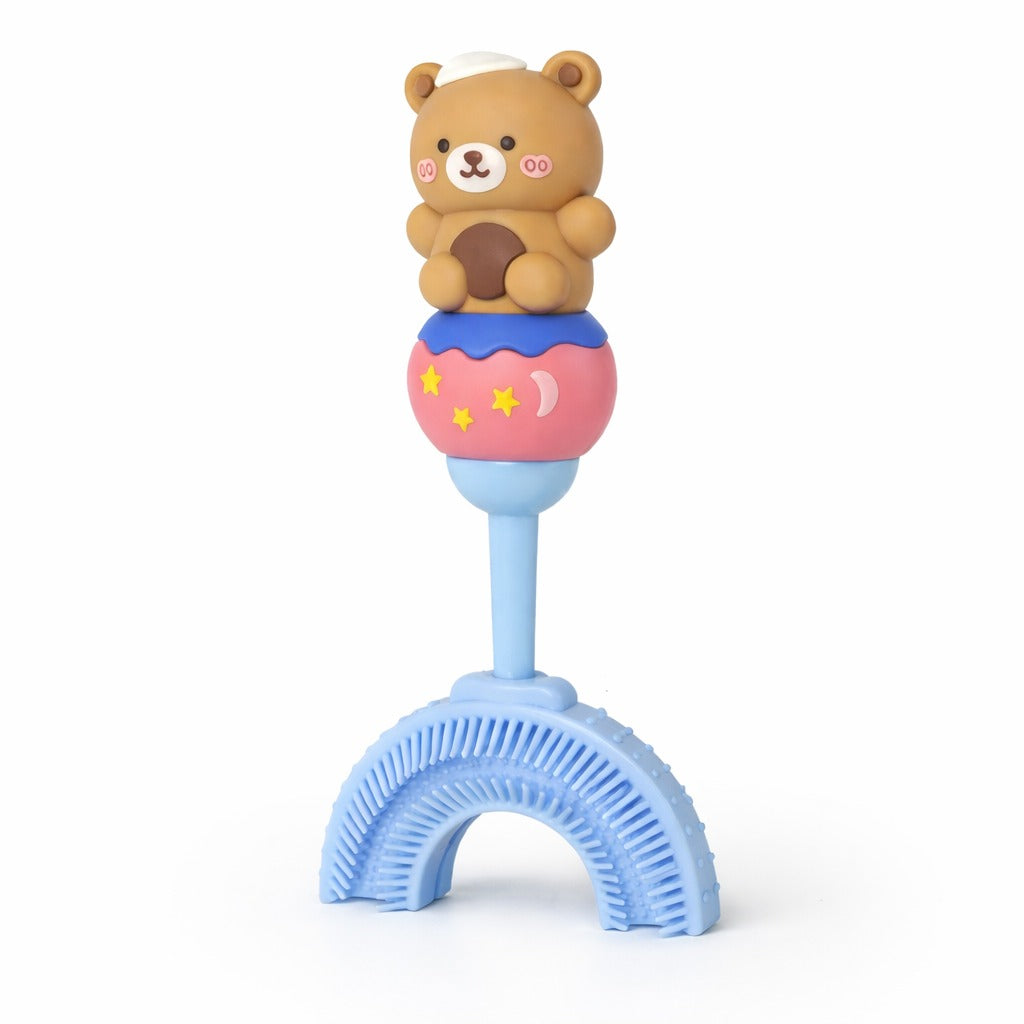 U-Shaped Toothbrush - Brown Teddy With Blue Handle