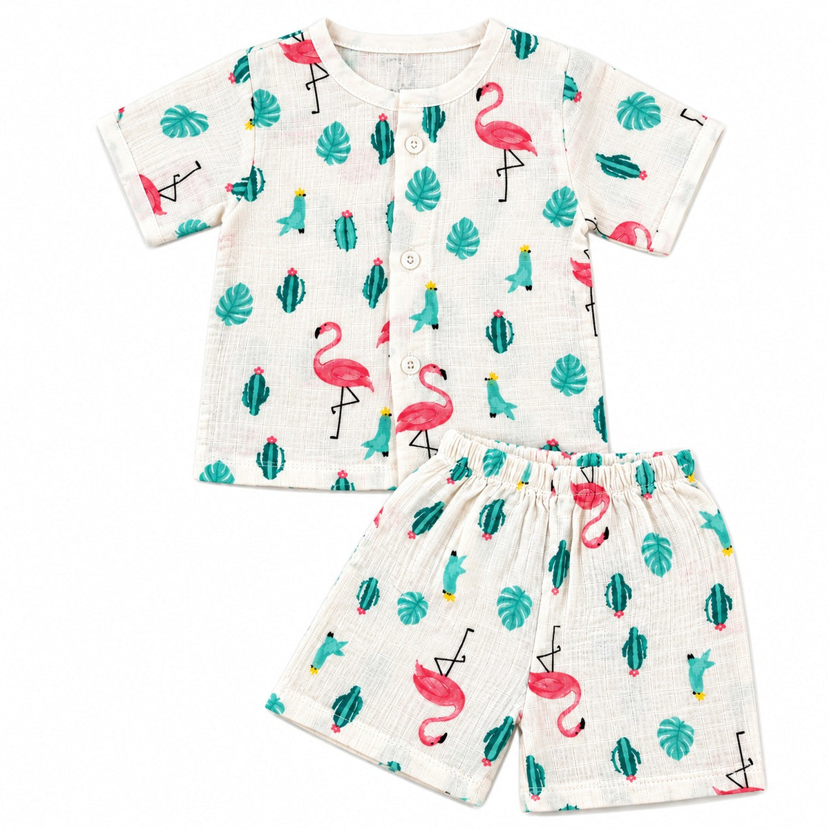 Half Sleeves Jhabla Set - Organic Cotton Muslin -  Flamingo Fiesta