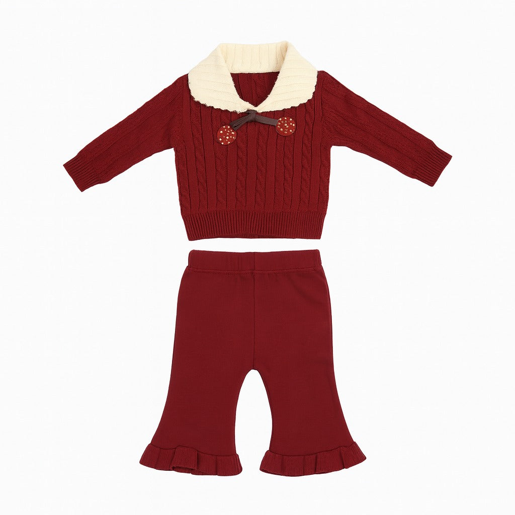 Knitted Top & Pant Co-ord Set - Berry Cherry