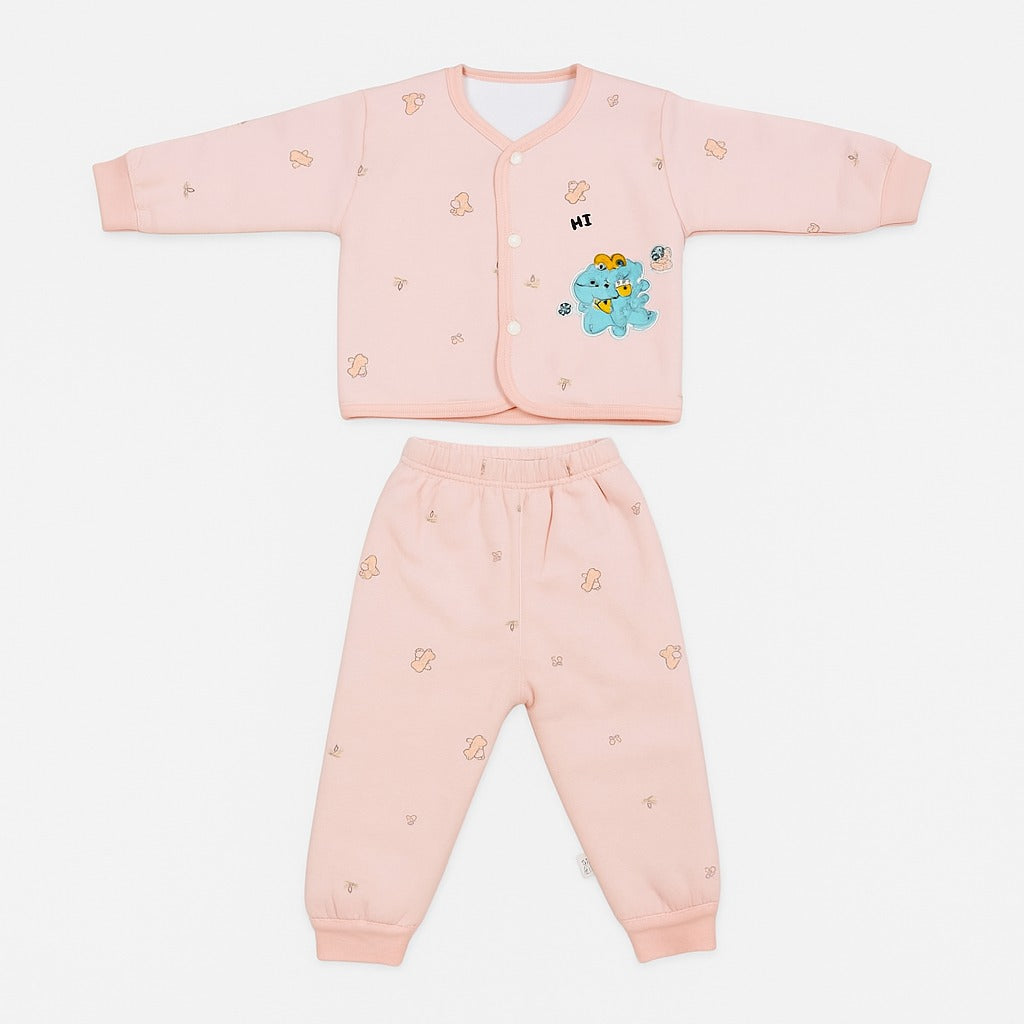 Full Sleeves Baby Top & Pajama Set - Pink Dino