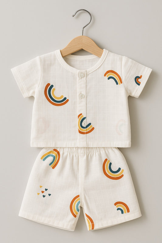 Half Sleeves Jhabla Set - Organic Cotton Muslin - Rainbow Dreams