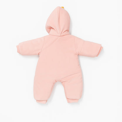 Hooded Woolen Romper With Snap Buttons - Pink Ducky