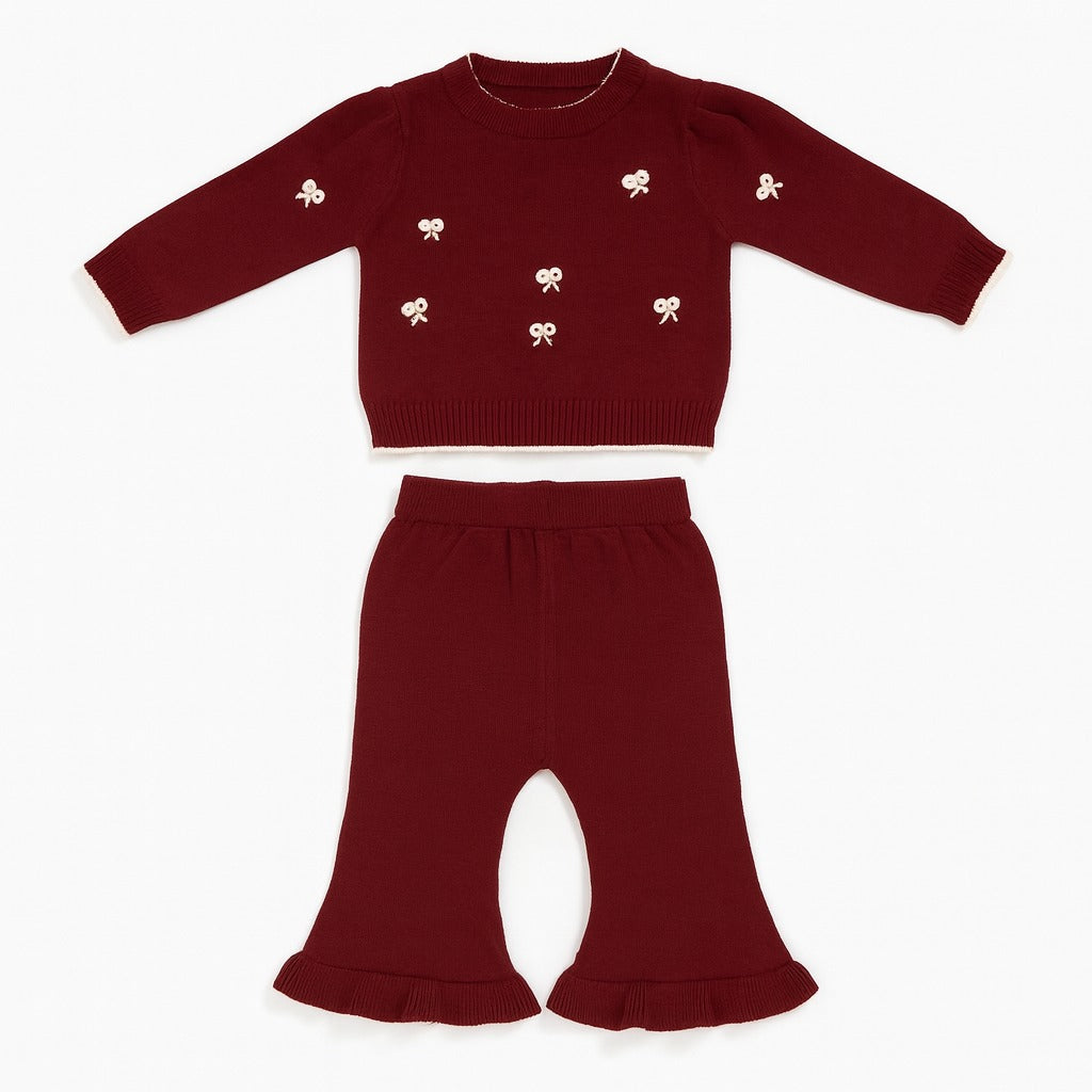 Knitted Top & Pant Co-ord Set - Cherry Mini Bow