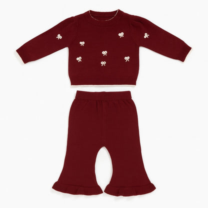Knitted Top & Pant Co-ord Set - Cherry Mini Bow